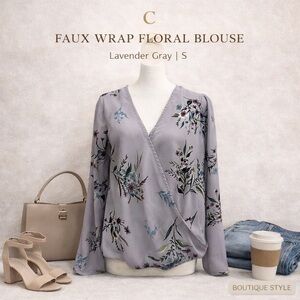 Lavender Gray Floral Faux Wrap Blouse Size Small Long Sleeve Surplice Top